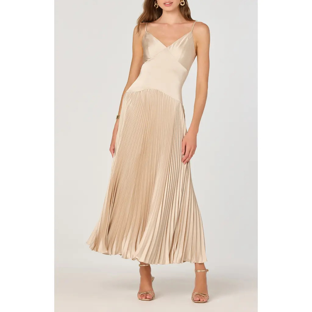 ASTR the Label Pleated Drop Waist Dress in Champagne at Nordstrom Rack, Size X-Small | Nordstrom Rack