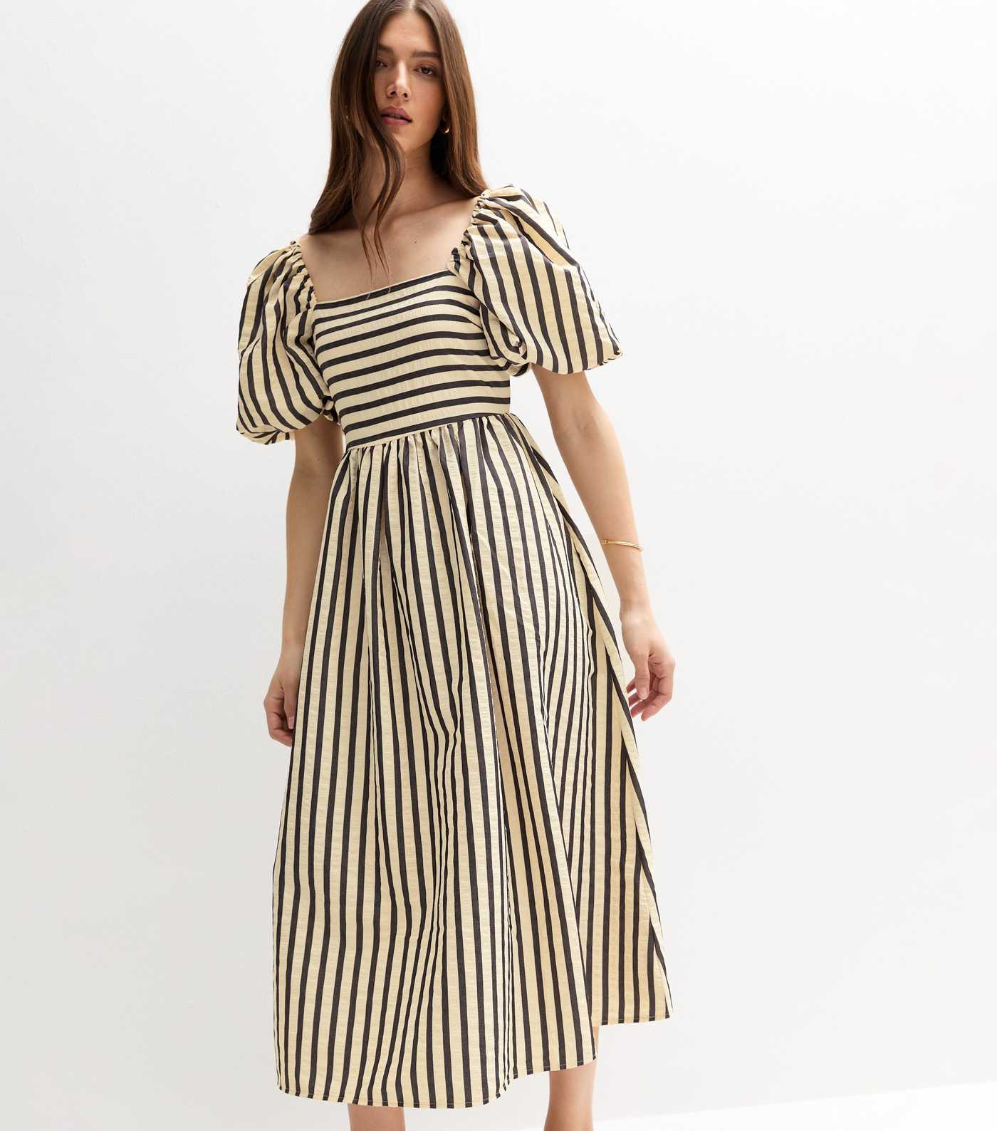 Cream Striped Puffed Sleeve Midi Dress
						
						Add to Saved Items
						Remove from Saved It... | New Look (UK)