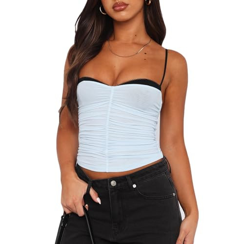 RUEWEY Women's Sexy Ruched Sweetheart Neck Tank Tops Sleeveless Spaghetti Strap Sheer Mesh Y2k Ca... | Amazon (US)