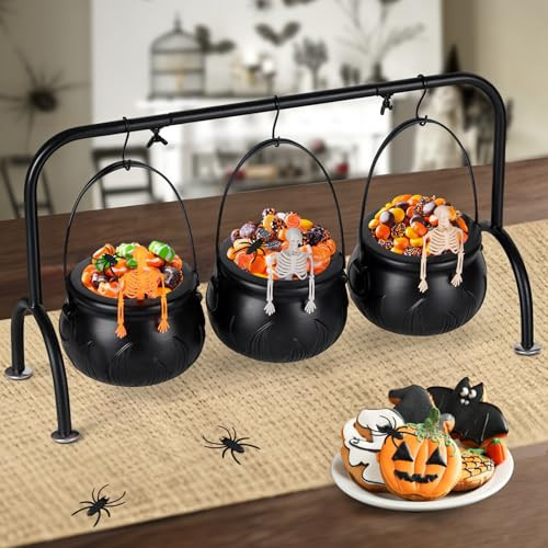 Rdogeia Halloween Decorations - Set of 3 Witches Cauldron Candy Serving Bowls on Rack, Black Plastic Cauldron with Skeletons for Indoor/Outdoor Home/Kitchen Decoration | Amazon (US)