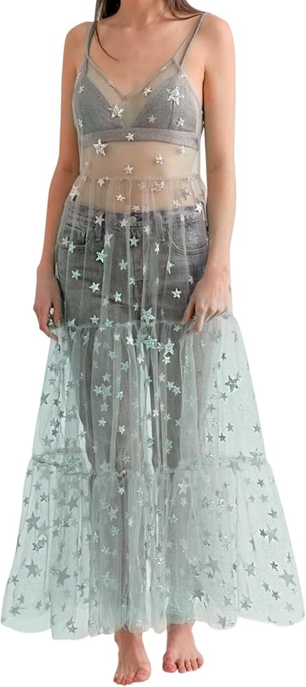Women's See Through Tulle Maxi Dress Shiny Sequined Stars Spaghetti Strap Cover Up Dresses Festiv... | Amazon (US)