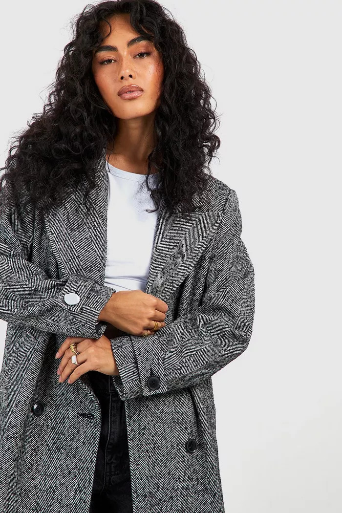 Herringbone Double Breasted Wool Coat | boohoo (US & Canada)