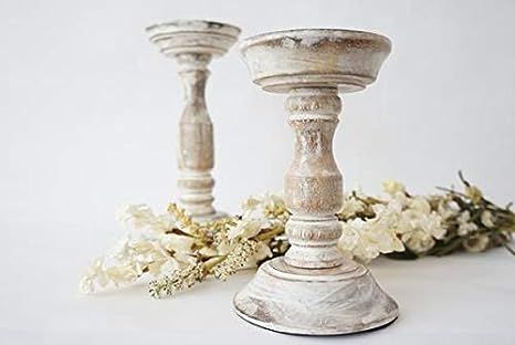 Moss Accent Decor Distressed White Wooden Candle Stand (Set of 2) - Mango Wood, for Wedding Cente... | Amazon (US)