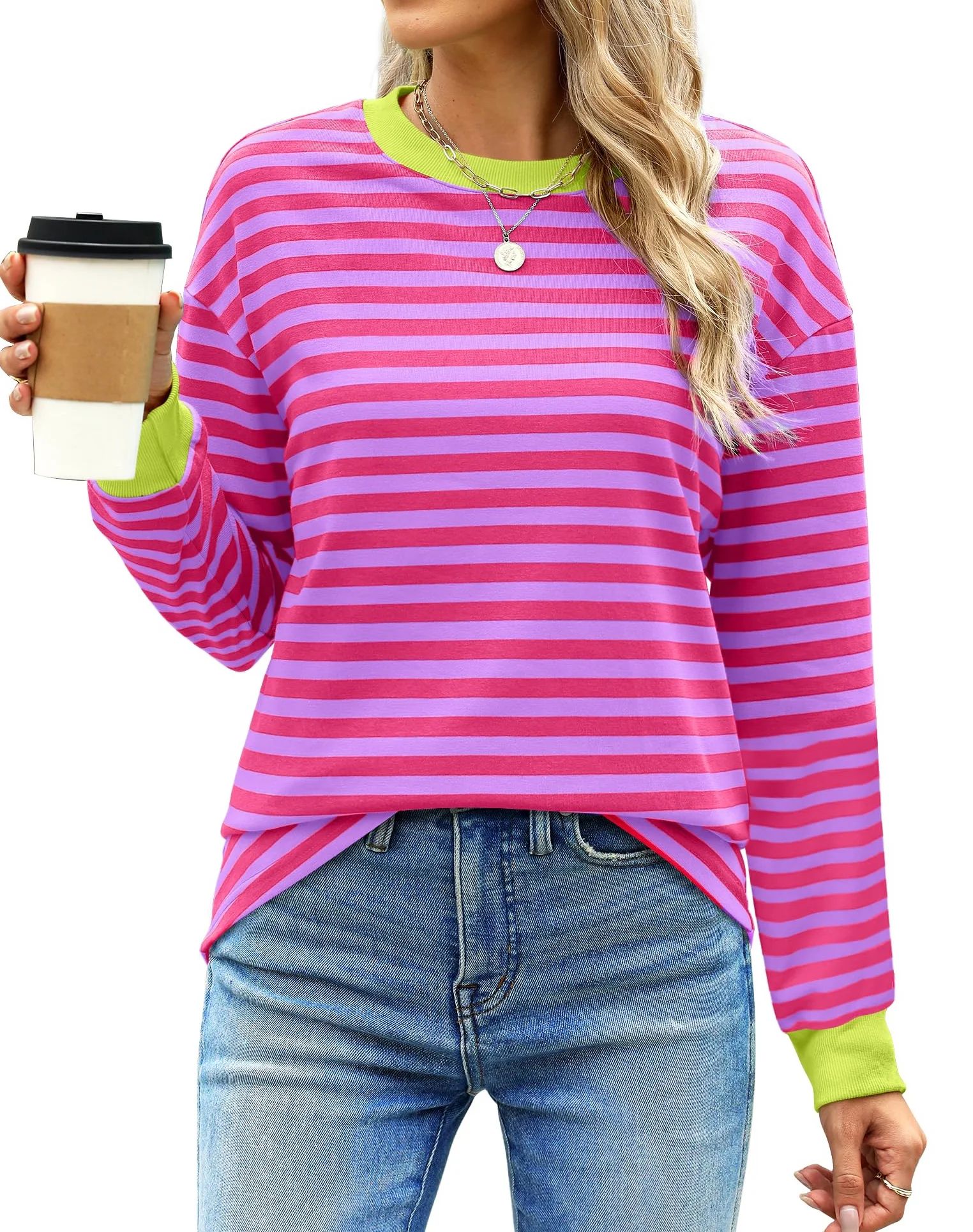 Fantaslook Striped Long Sleeve Shirts for Women Crewneck Tunic Tops Color Block Blouses Fall Pull... | Walmart (US)