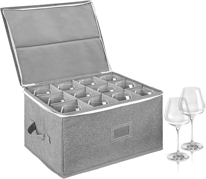 Wine Glass Storage Box Holds 12 - Stackable Hard Shell Organizer with Adjustable Dividers for Cha... | Amazon (US)