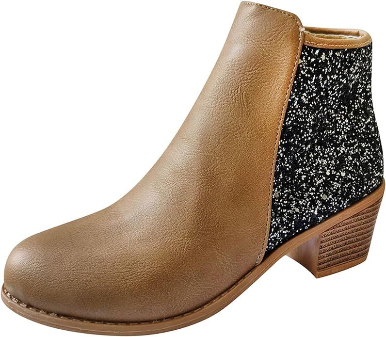 Women's Ankle Boots Sequin Side Zipper Round Toe Thick Heel Low-heeled Booties | Amazon (US)