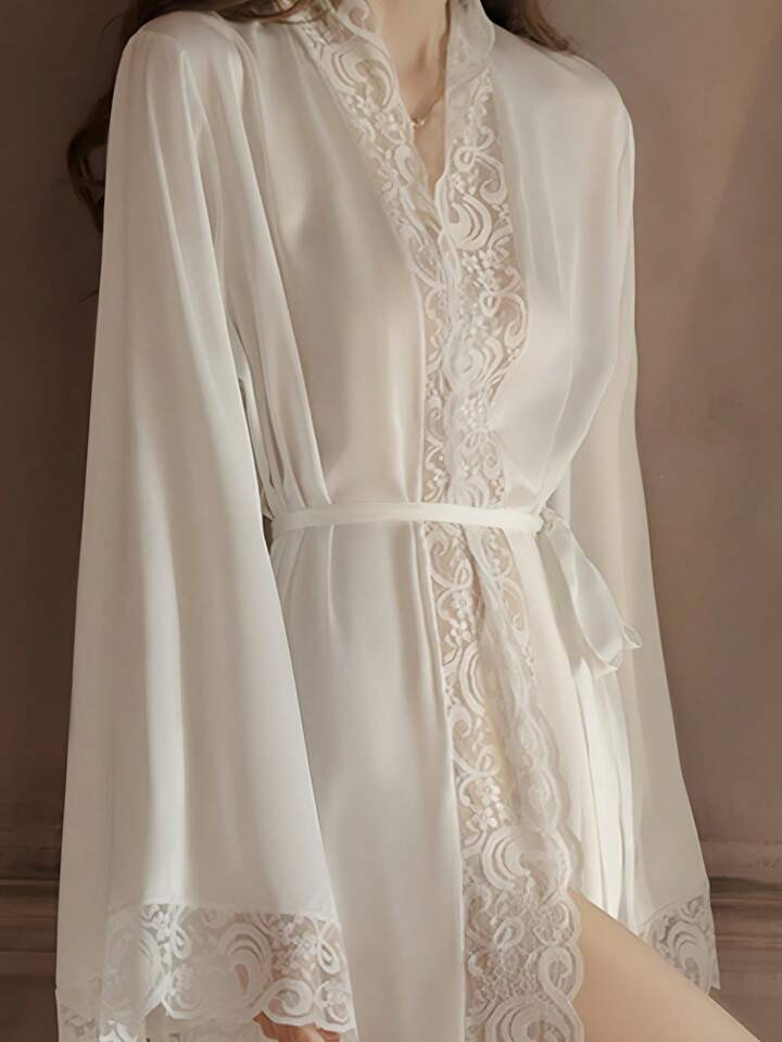 QING ROU Women's White Elegant Satin Robe. Soft Lace Trim, Flared Long Sleeve, With Waist Tie. Silky Comfortable For Home Use, Vacation | SHEIN