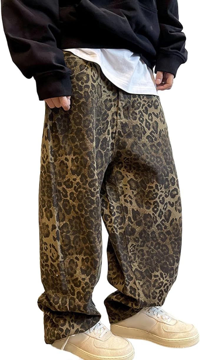 Workwear-Inspired Pants Retro Washed Canvas Men's Loose Fit Hip-hop Style Leopard Print Bottoms S... | Amazon (US)