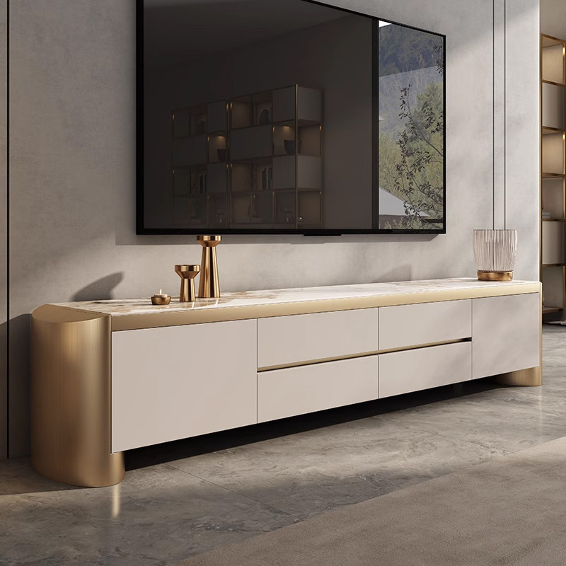 Modern 78.7"" Off White & Gold TV Stand Sintered Stone Top with Storage for TVs up to 75 | Homary