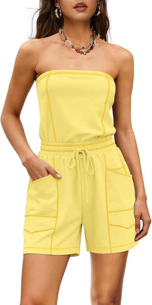 LAMISSCHE Womens Casual Strapless Jumpsuits Sexy Summer Rompers Tube Top Short Romper with Pocket... | Amazon (US)