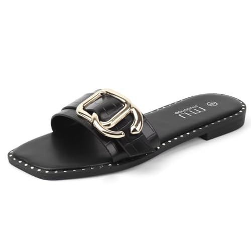 MUSSHOE Flat Sandals for Women Slip On Slides with Gold Buckle Sandals Square Open Toe Comfort,Black 6 | Amazon (US)