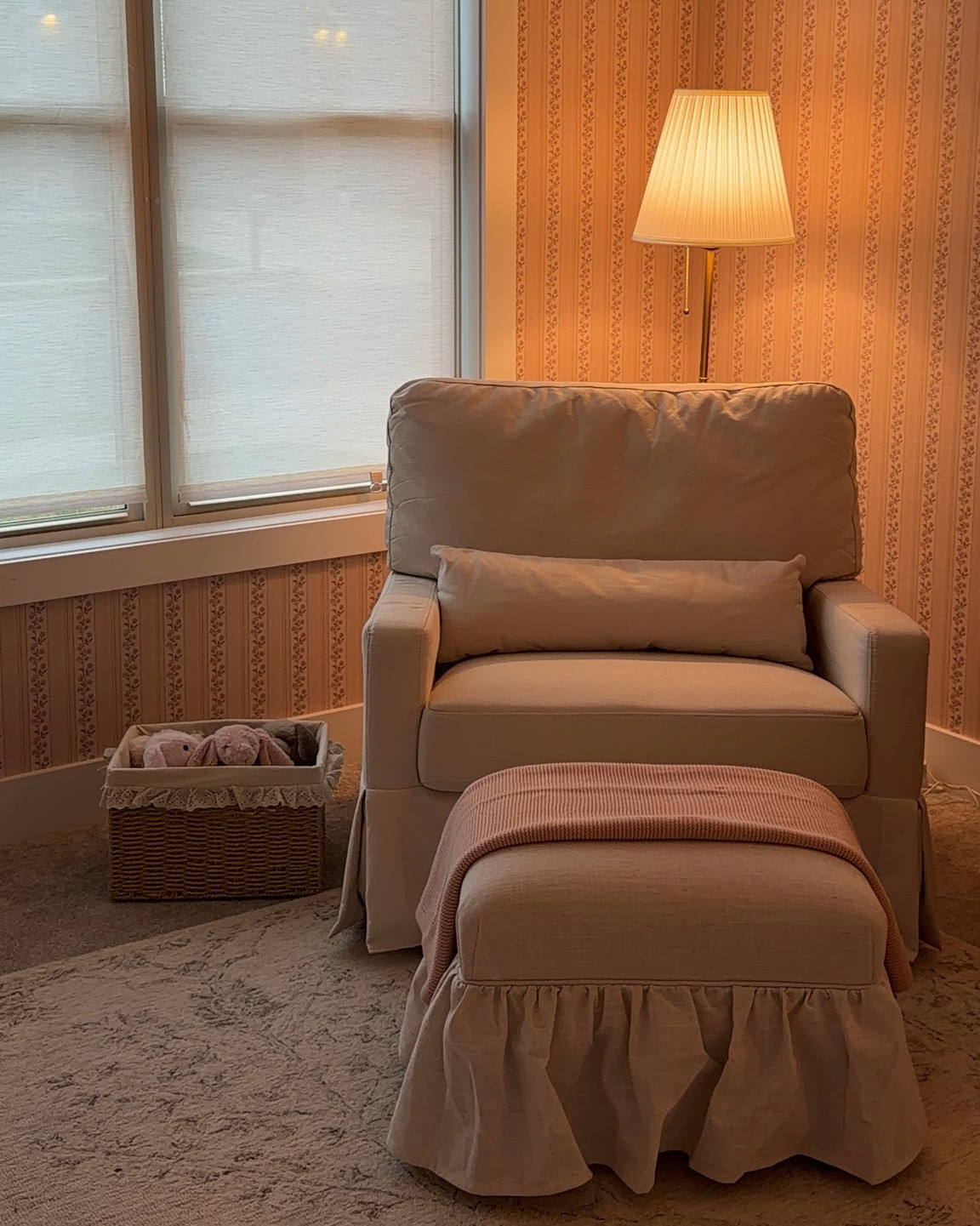 Nursery glider rocker & ruffle Target ottoman for a cozy girly nursery. Lamp is so gorgeous and affordable too!

#LTKmomlife #LTKBaby #LTKBump