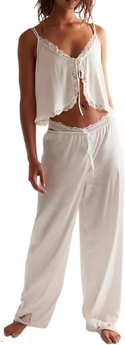 ROAONOCOMO Women Lace Trim Pajama Set Ruffle Babydoll Cami Top Wide Leg Pants Set Silk Satin 2 Pi... | Amazon (US)