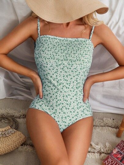 Ditsy Floral Print Smocked Tie Shoulder One Piece Swimsuit | SHEIN