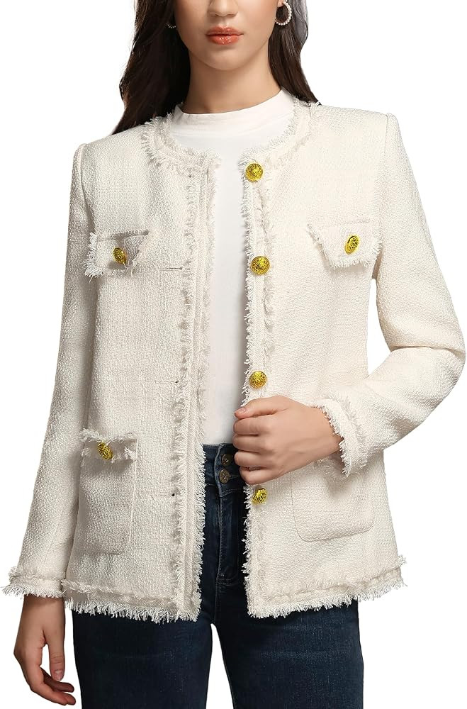M.Infisavo Women’s Tweed Jackets with Pockets, Collarless Long Blazer | Amazon (US)
