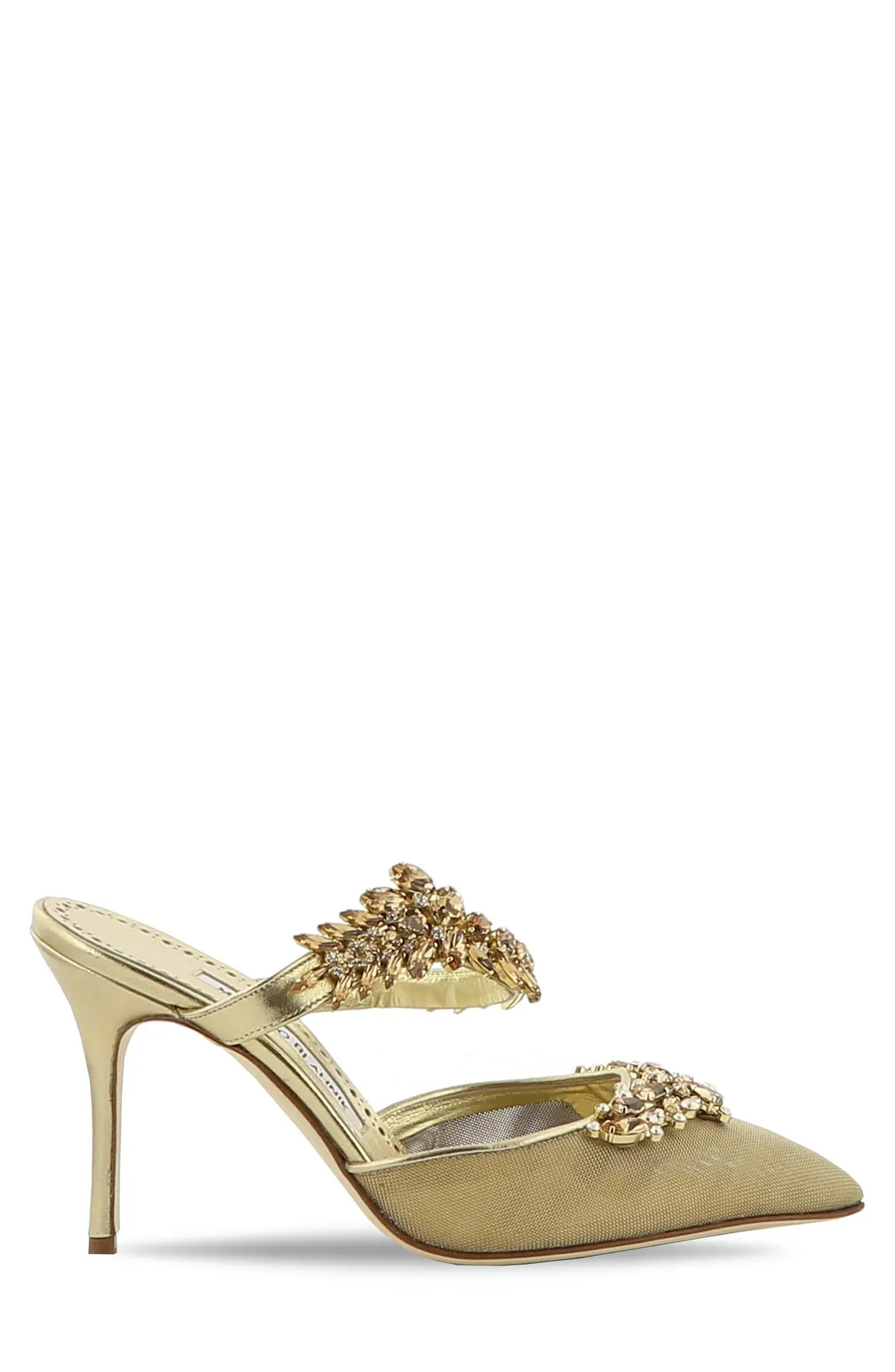Manolo Blahnik Lurum Crystal Leaf Pointed Toe Mule, Size 8.5Us in Gold at Nordstrom | Nordstrom