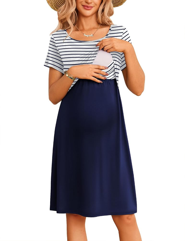 Ekouaer Women's Nursing Dress Summer Short Sleeve Patchwork Maternity Breastfeeding Knee Length D... | Amazon (US)