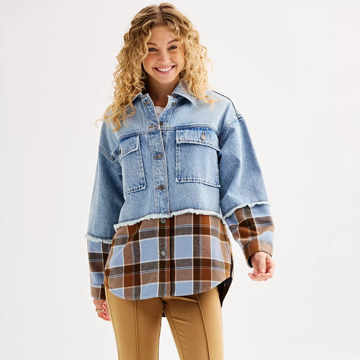 Juniors' SO® Denim & Plaid Mixed Media Jacket | Kohl's