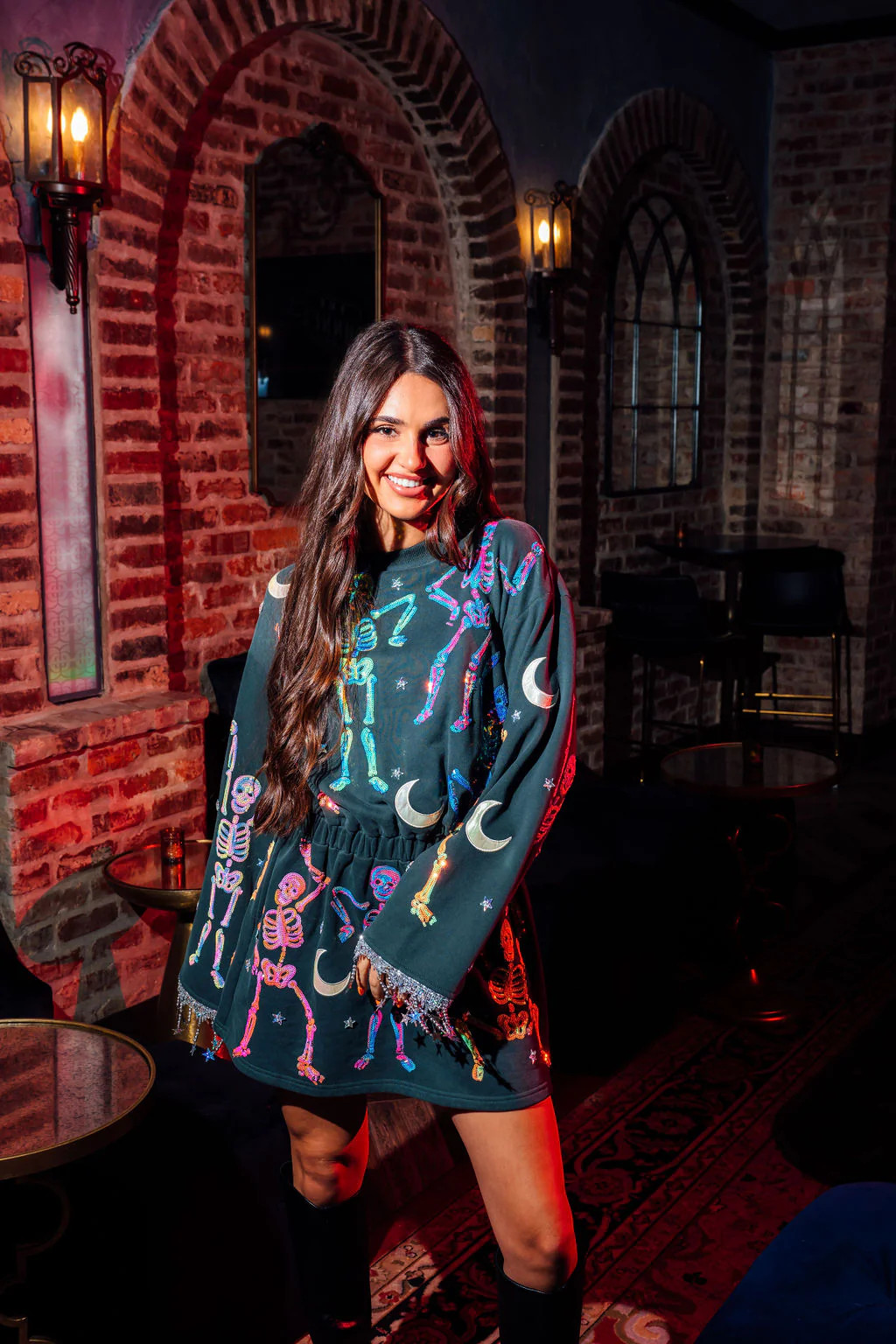 Black & Multi Dancing Skeleton Long Sleeve Dress | Queen of Sparkles