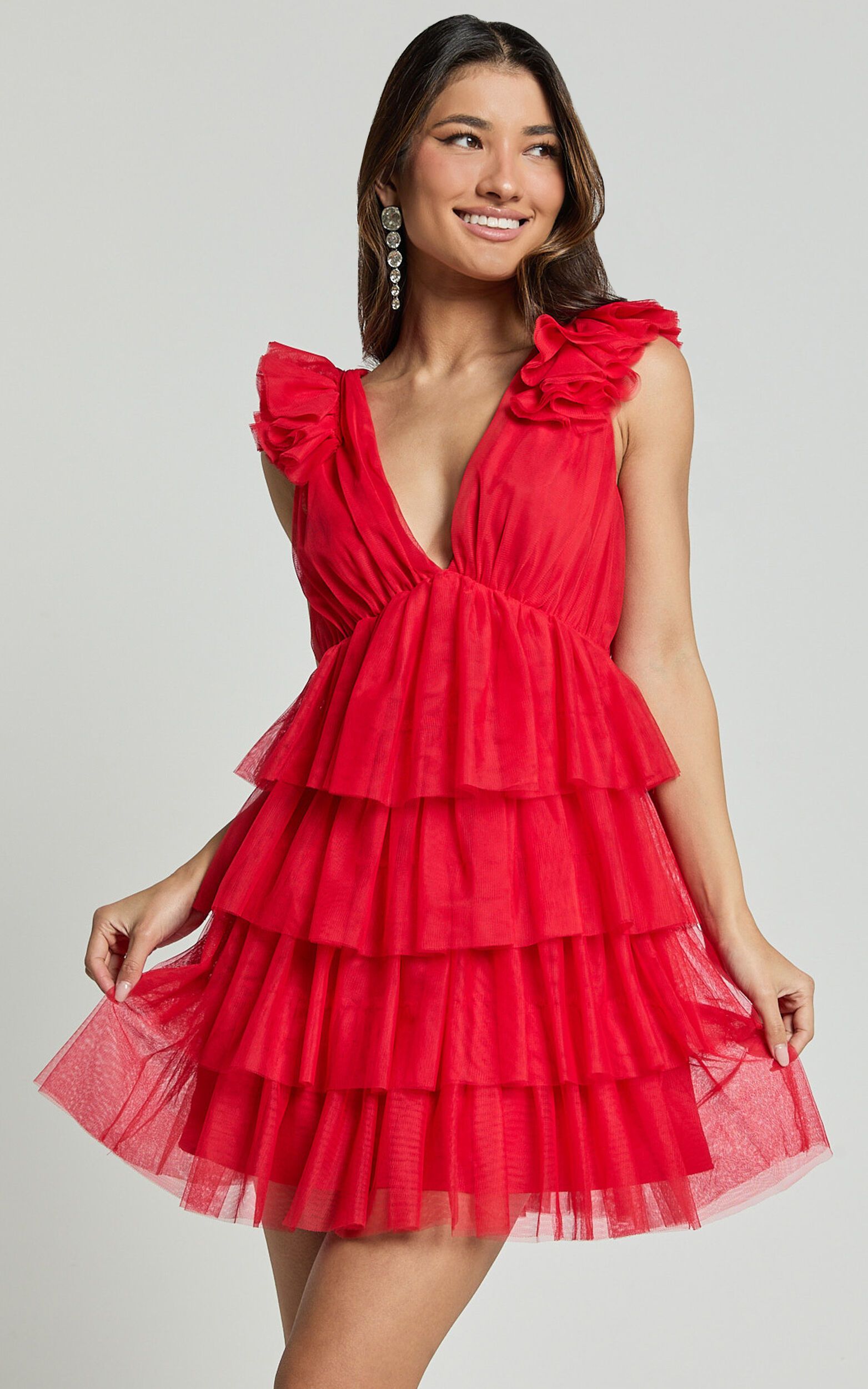 Hayden Mini Dress - Low Back Tulle Tiered Dress in Red | Showpo (US, UK & Europe)