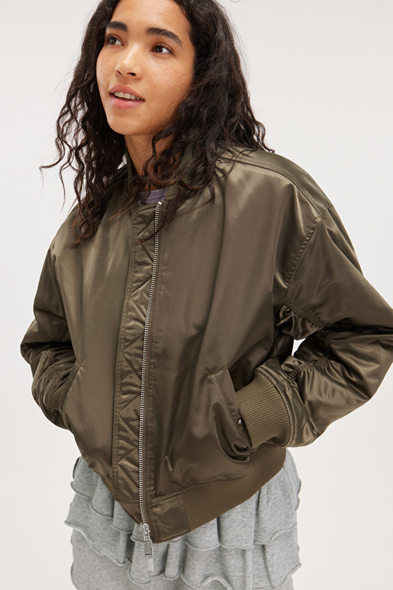Loose Satin Bomber Jacket - Dark Khaki Green - Monki GB | Monki