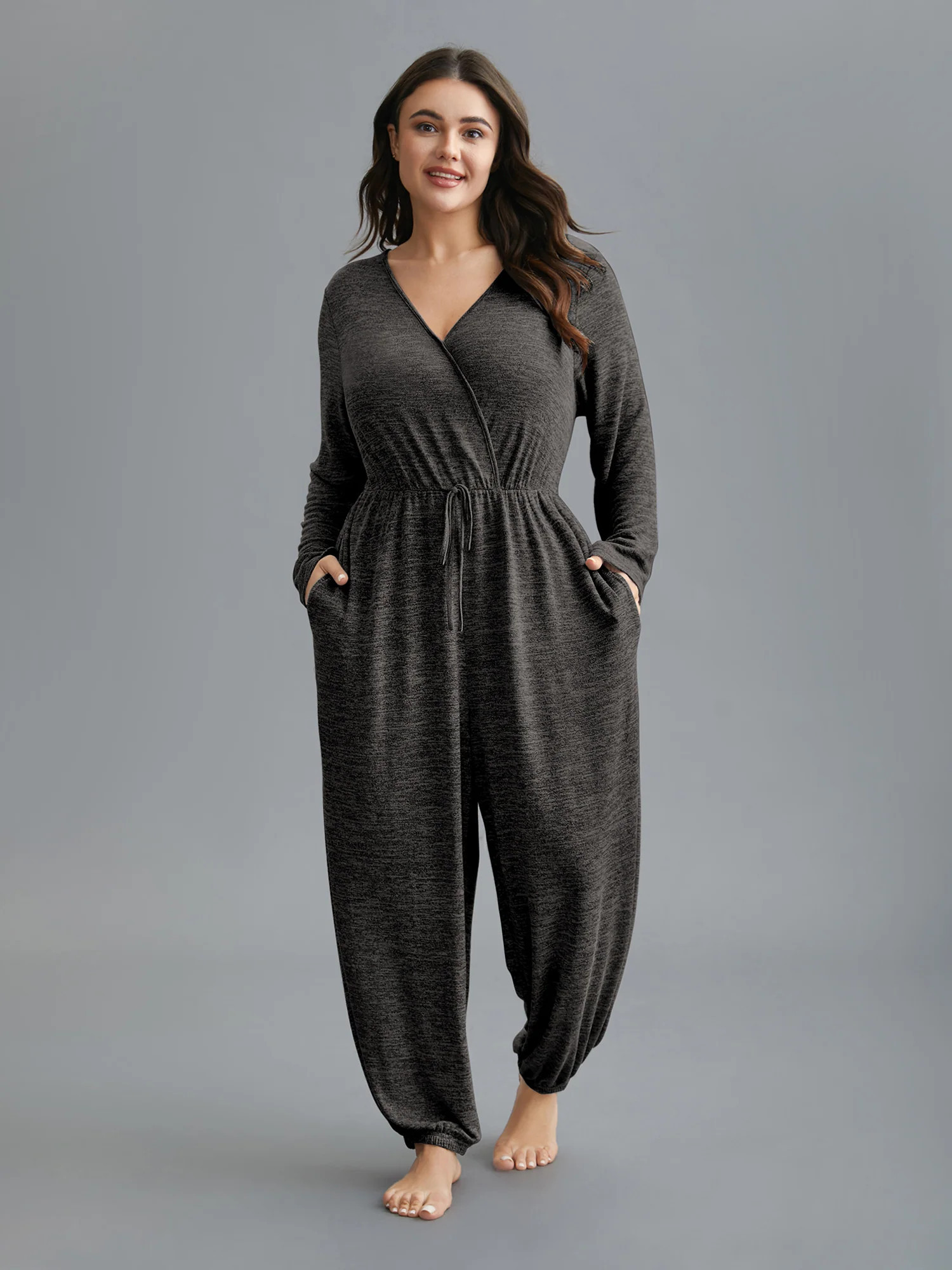 Elastic Waist Overlap Collar Lounge Jumpsuit | Bloomchic