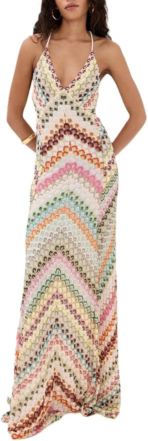 Womens Deep V Neck Bodycon Maxi Dress Color Block Printed Sexy Backless Club Party Long Cami Dres... | Amazon (US)