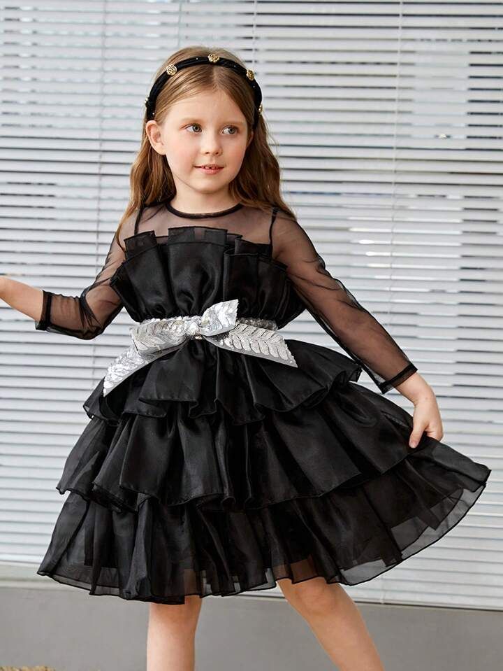 SHEIN Kids Nujoom Little Girls' Slim Fit Vintage Style Sheer Mesh Long Sleeve Layered Tulle Dress | SHEIN