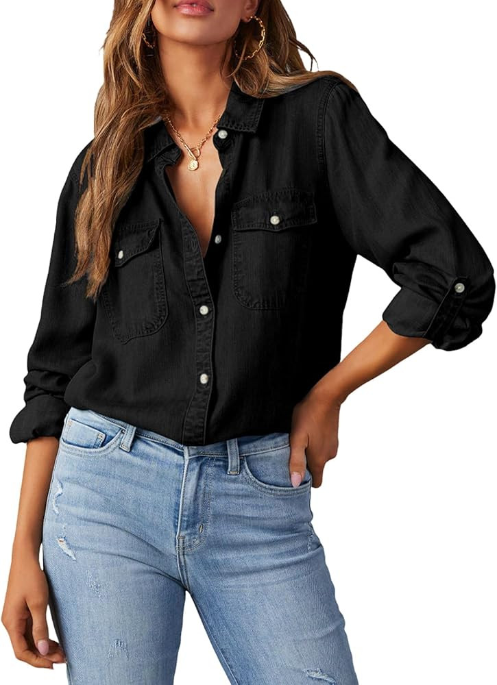 Astylish Women Button Down Denim Shirts Casual Long Sleeve V Neck Chambray Blouse Top | Amazon (US)