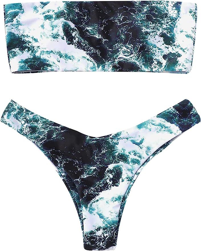SweatyRocks Women's Sexy Bathing Suits Strapless Print Bandeau Bikini Swimwear Set | Amazon (US)