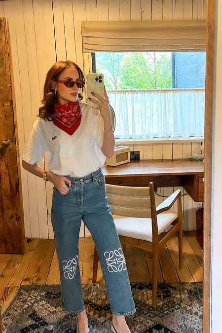 Loewe, Kith, Mango, spring outfit, spring fashion, summer outfit, white tee, oversized tee, Loewe jeans, straight leg jeans, red bandana, red scarf, spring outfits, summer outfits, outfit ideas

#LTKeurope #LTKSeasonal #LTKstyletip