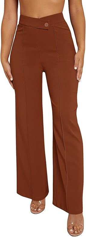 SweatyRocks Women's Overlap Waist Seam Front Palazzo Wide Leg Pants High Waist Long Pant Casual T... | Amazon (US)