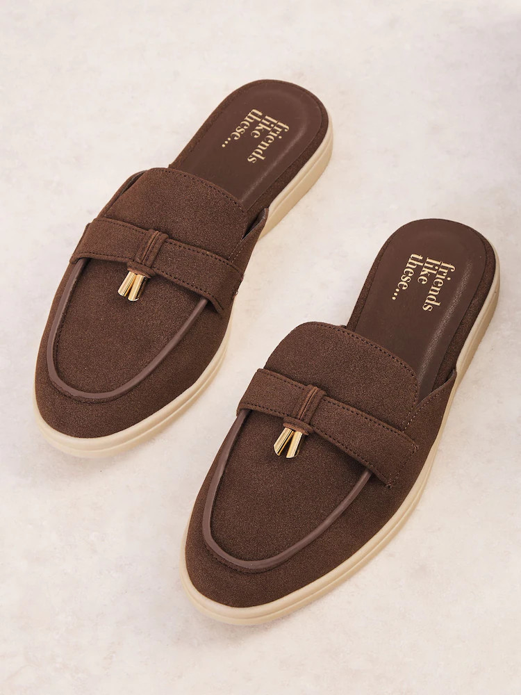 Friends Like These Chocolate Brown Standard Fit Tassle Trim White Outsole Smart Mule Loafers | Next US