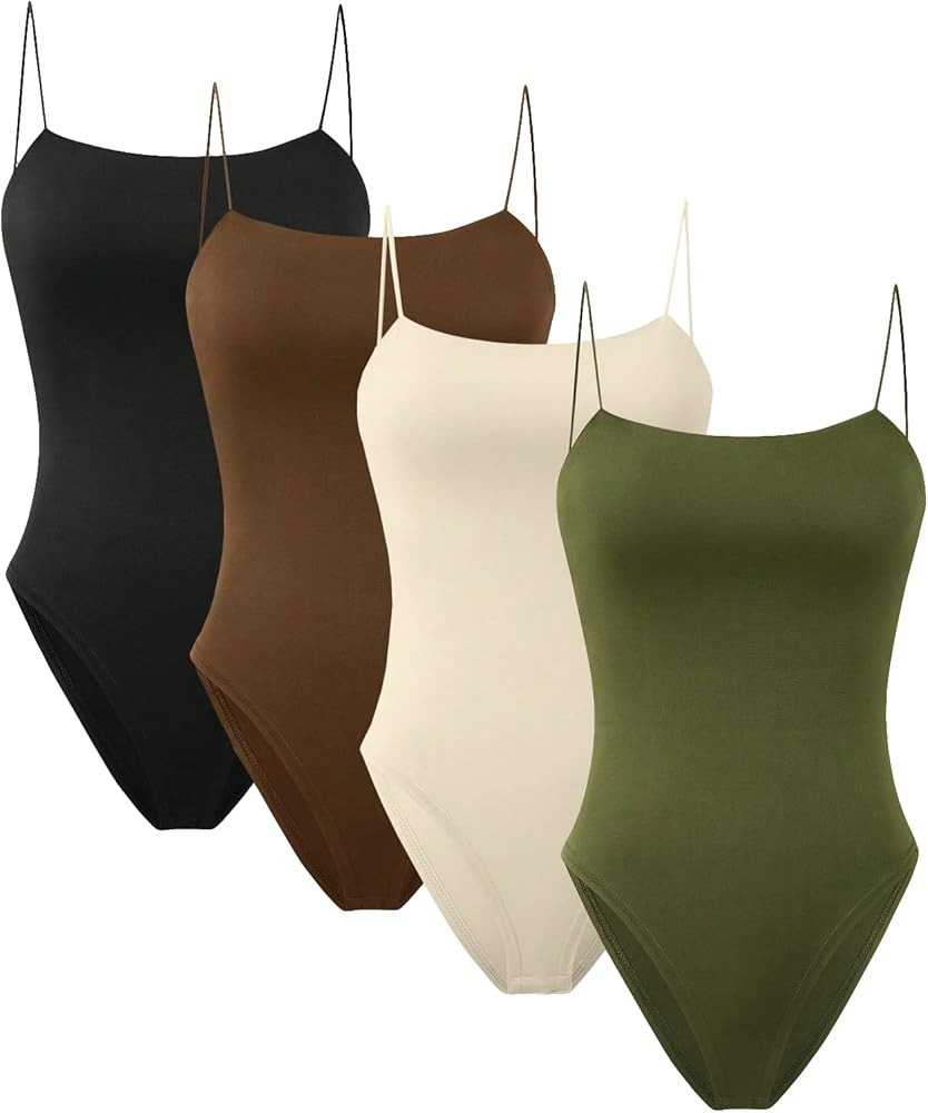 GORGLITTER Women's 4 Piece Bodysuit Sleeveless Strappy Tank Tops Rib Knitted Bodysuits | Amazon (US)