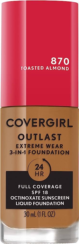 Covergirl Outlast Extreme Wear 3-in-1 Full Coverage Liquid Foundation, SPF 18 Sunscreen, Toasted ... | Amazon (US)