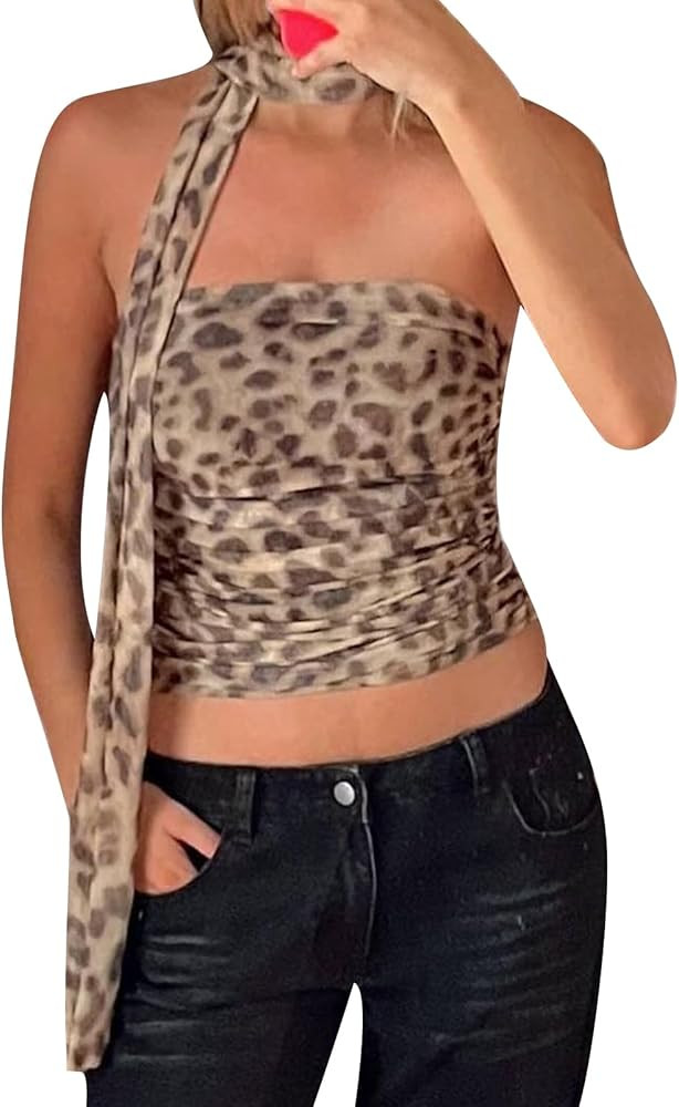 Women Leopard Tube Top Mesh Ruched Strapless Crop Top Sexy Cheetah Print Backless Bandeau Tank To... | Amazon (US)