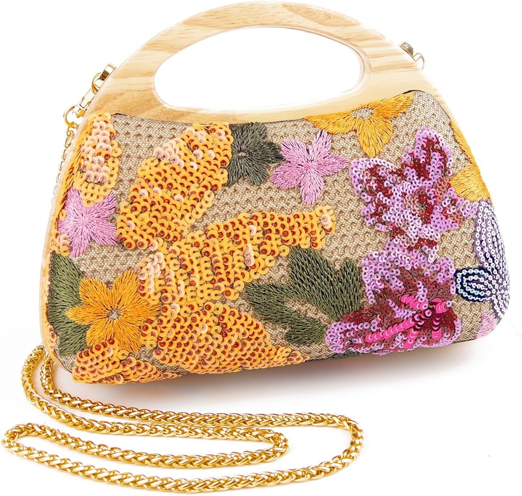 Women Straw Sequin Embroidered Flower Evening Handbag Clutch Purse Wooden Handle for Beach Holida... | Amazon (US)