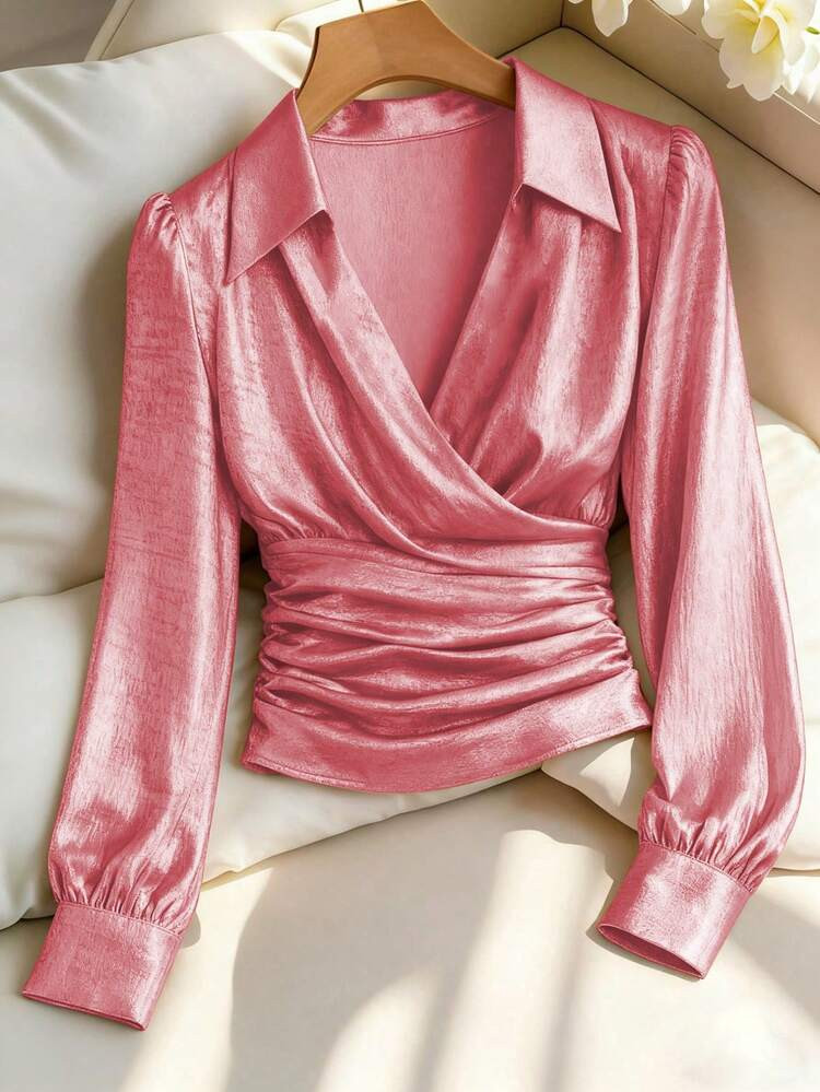 Franclia Elegant Cinched Waist Crossover Collar Long Sleeve Side Hidden Zipper Velvet Gold Fabric Women Blouse, Autumn/Winter | SHEIN