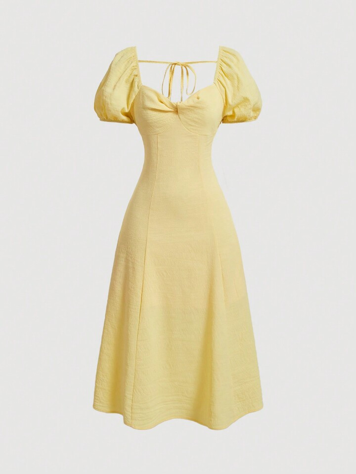 SHEIN MOD Women Summer Plain Long Elegant Dress With Short Puffy Sleeves, Chest Twist Knot And Ba... | SHEIN