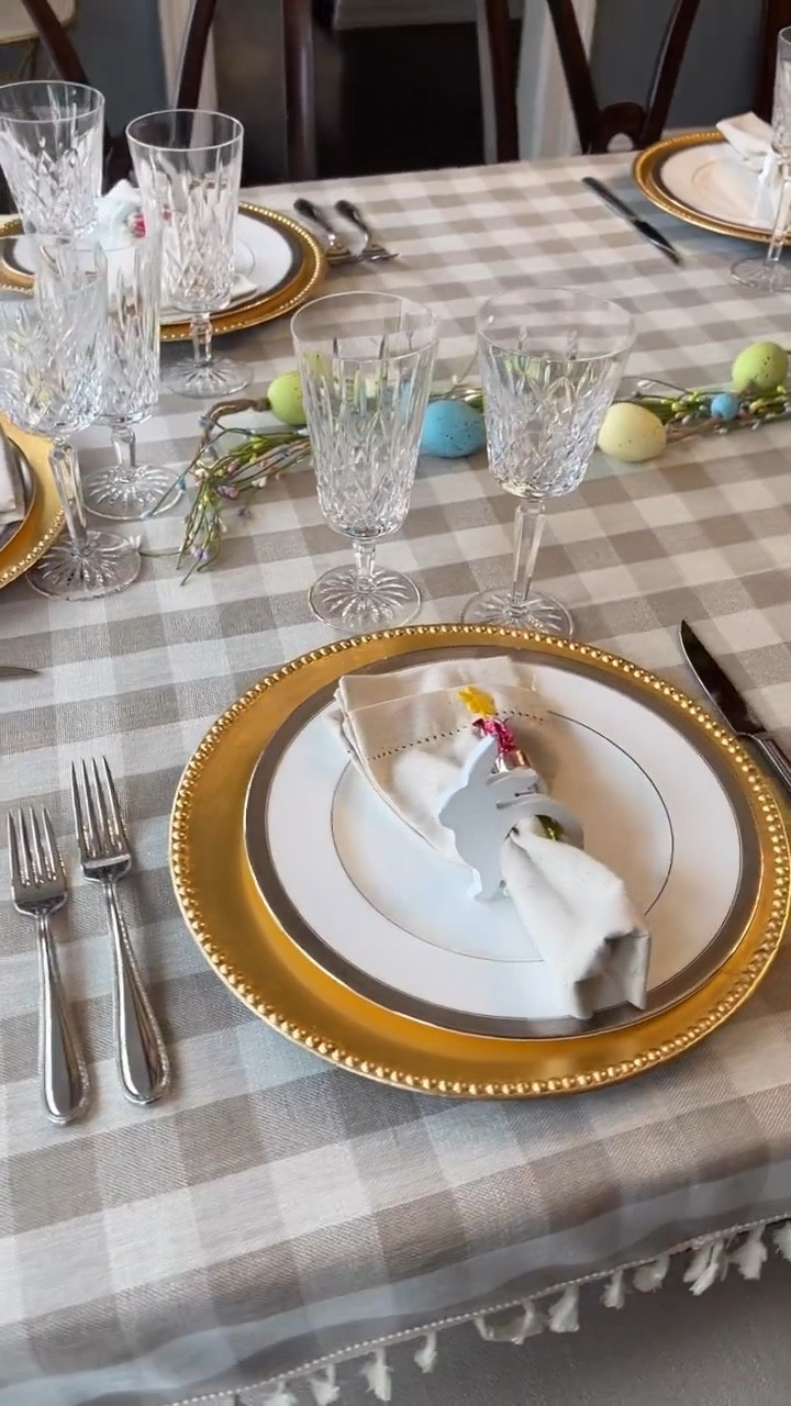 My Easter tablescape for the holiday. I have a designated adult table and kids table. The kids table has festive coloring pages, a crayon bucket and Peeps to keep them occupied. The adult table is mostly crystal we got as wedding gifts mixed with Amazon and other various retailer touches. I’ve linked what I could. Easter breakfast, Easter brunch, Easter dinner Easter table, spring decor, spring tablescape, Easter egg garland

#LTKhome #LTKSeasonal