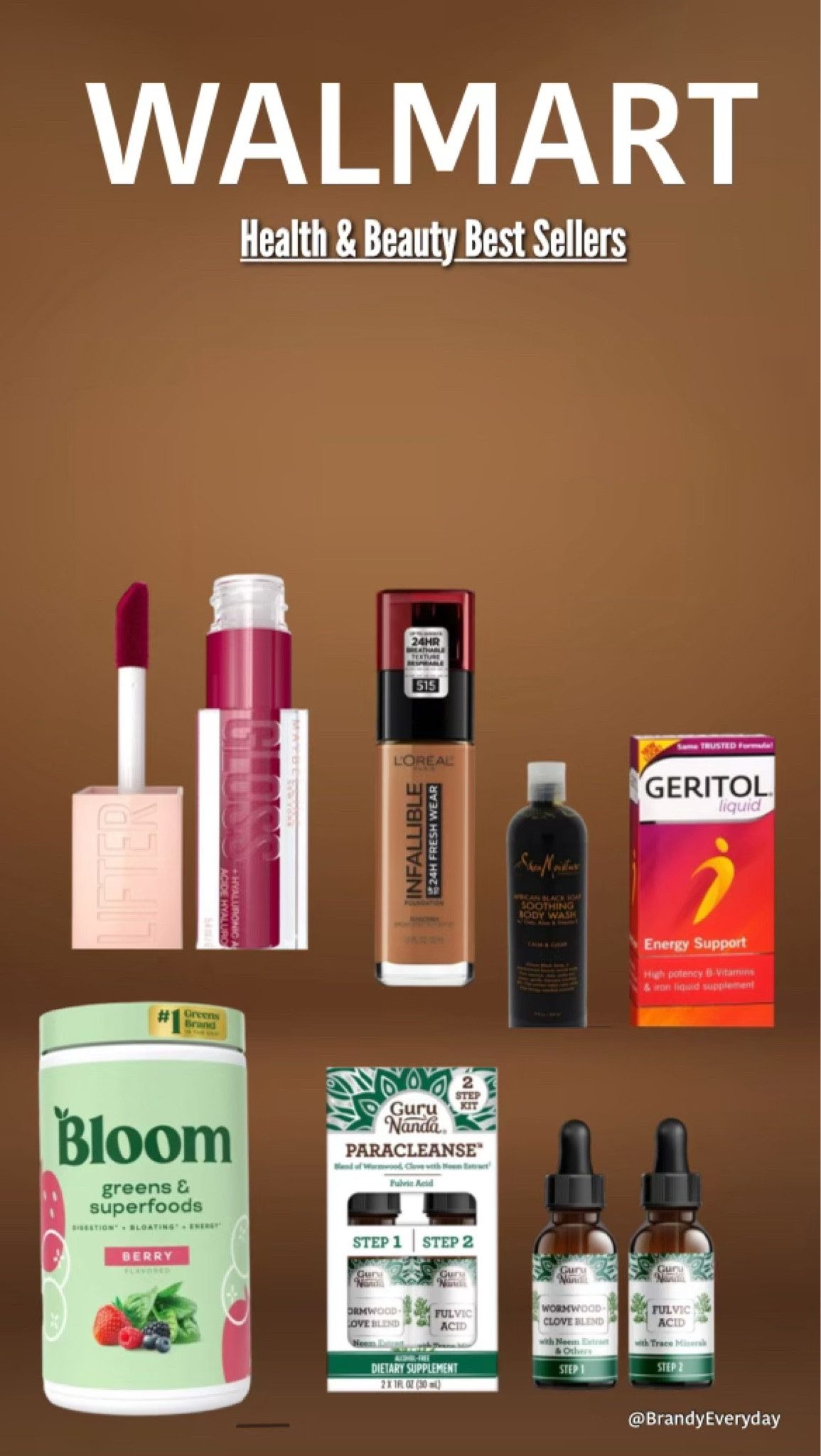 My favorite Walmart health and beauty best sellers: Geritol liquid, maybelline lifter gloss lip plumper, bloom greens and superfoods, L’Oréal infallible foundation, guru nada paracleanse, shea moisture body washh

#LTKMostLoved #LTKfindsunder50 #LTKbeauty