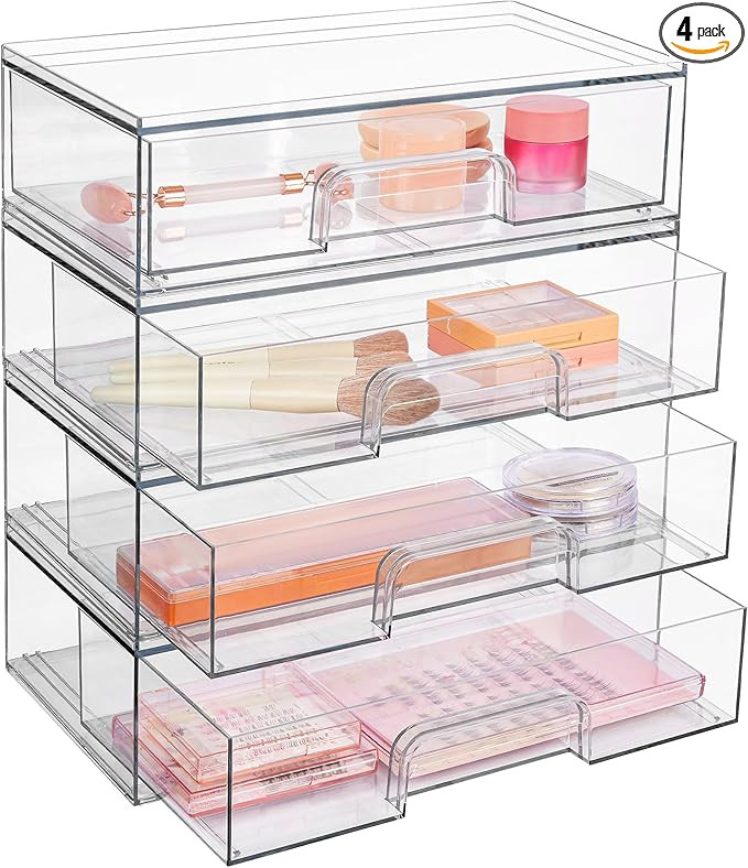 Vtopmart 12.1''W Clear Stackable Storage Drawers,4 Pack Acrylic Plastic Organizers Bins for Makeu... | Amazon (US)