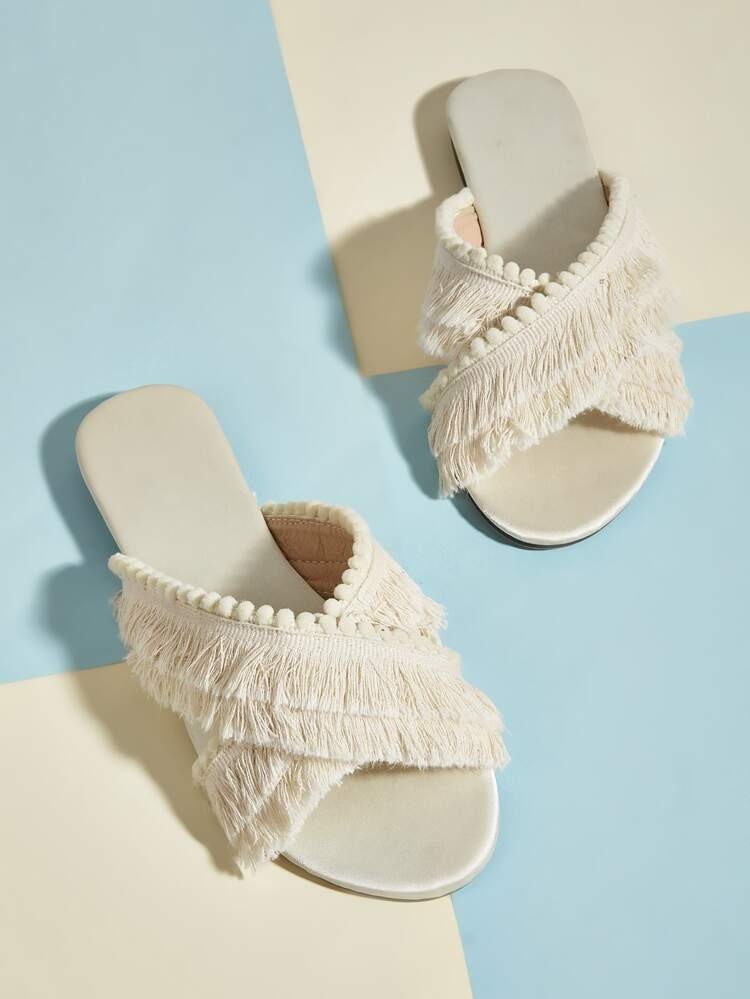 Women Pompom Detail Fringe Trim Criss Cross Flat Sandals, Vacation Fabric Slide Sandals For Outdo... | SHEIN