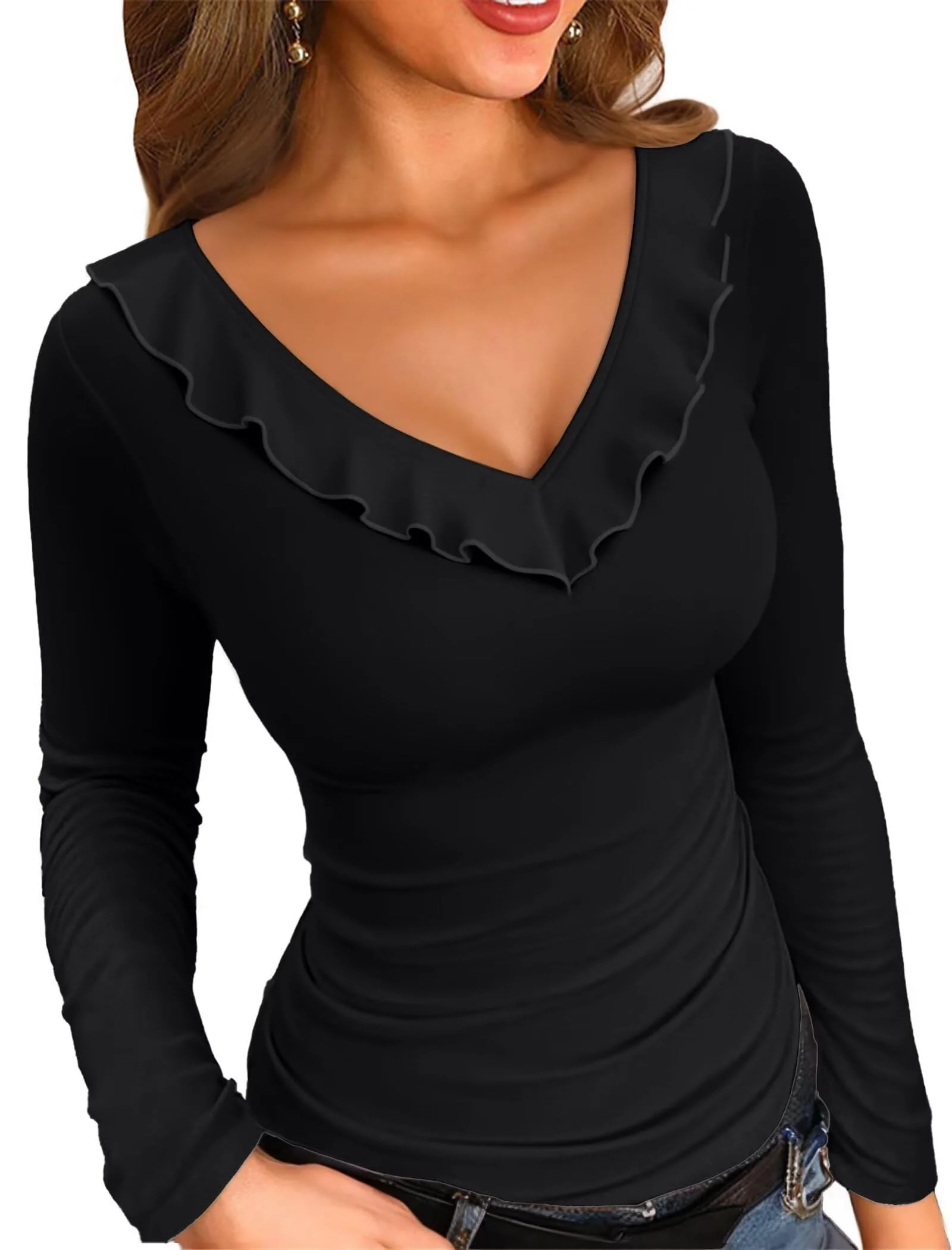 Vafful Womens Long Sleeve Shirts V Neck Ruffle Hem Slim Fitted Ribbed Knit Trendy Tee Tight Tops | Walmart (US)