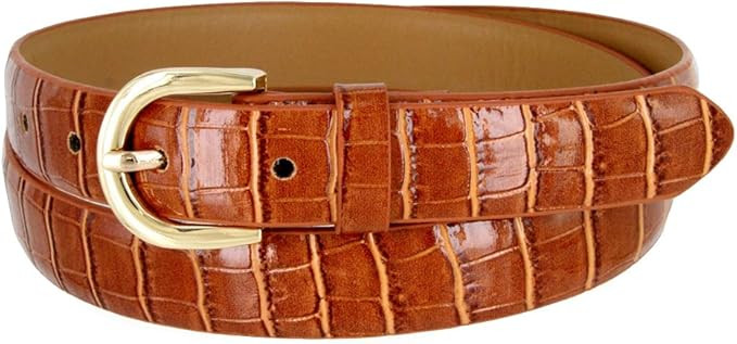 Women's TAN Skinny Thin Alligator Embossed Genuine Leather Belt 1" (25mm) Wide M | Amazon (US)