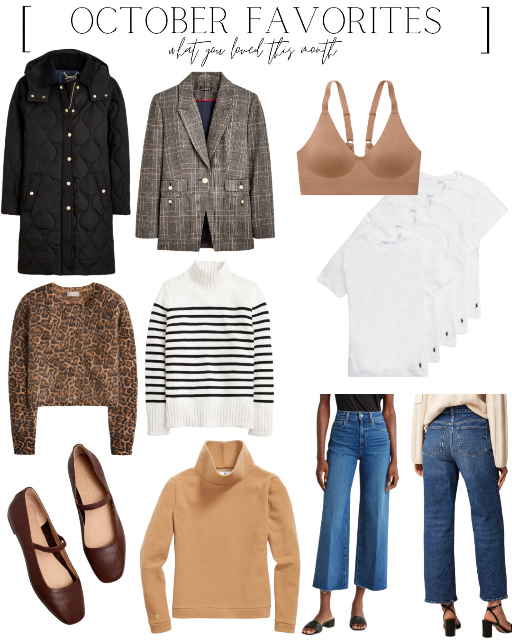 Sizes I wear in each of these:
Black jacket, XS
Blazer, 4
Leopard sweater, medium
Stripe sweater, XS
Carmel funnel neck, small
Flats, I went down a half size
Bra, small
Tees, men’s medium
Jeans are both size 25