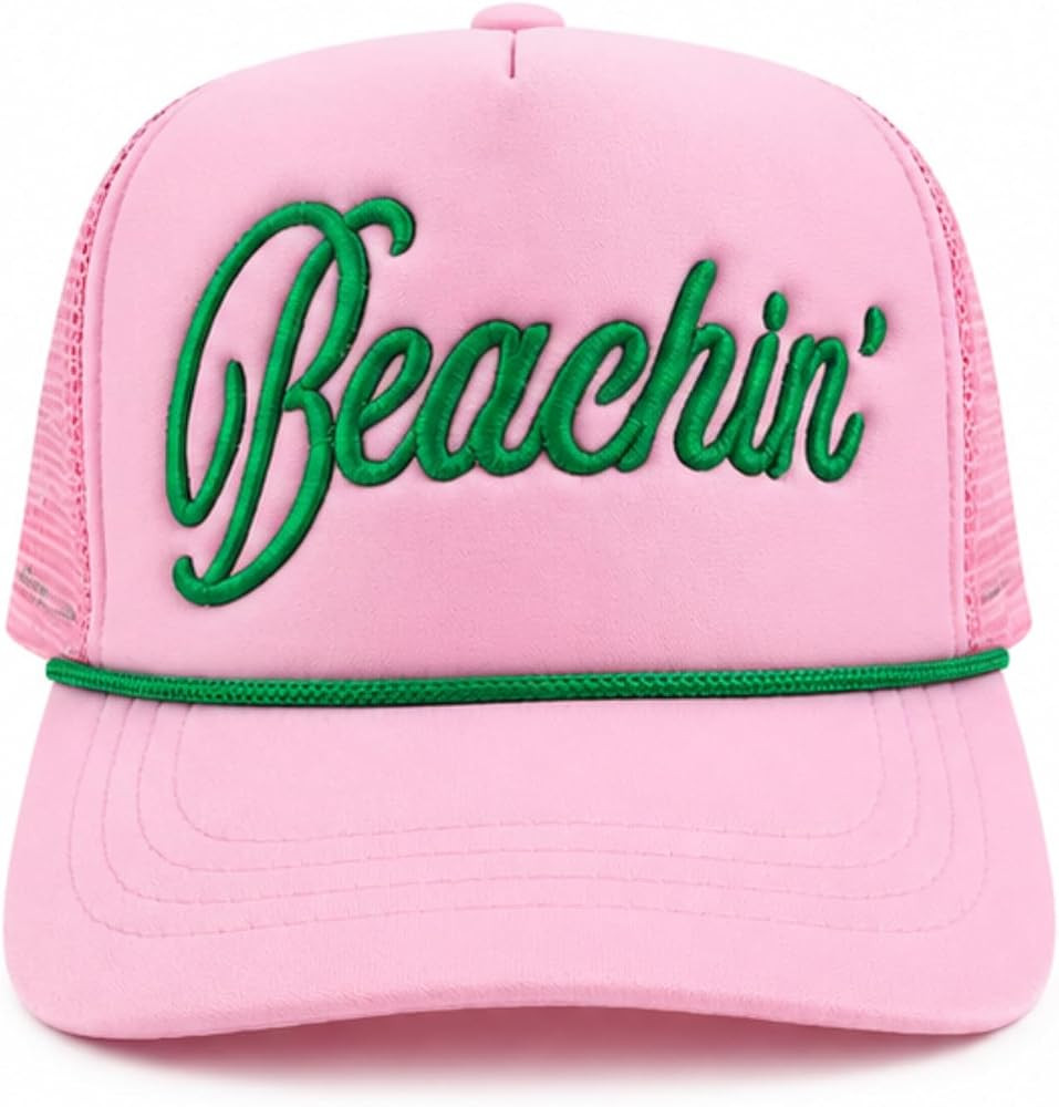 Beachin' Trucker Hat for Women, Pink Mesh Snapback Hat with Green Embroidered Lettering, Summer B... | Amazon (US)