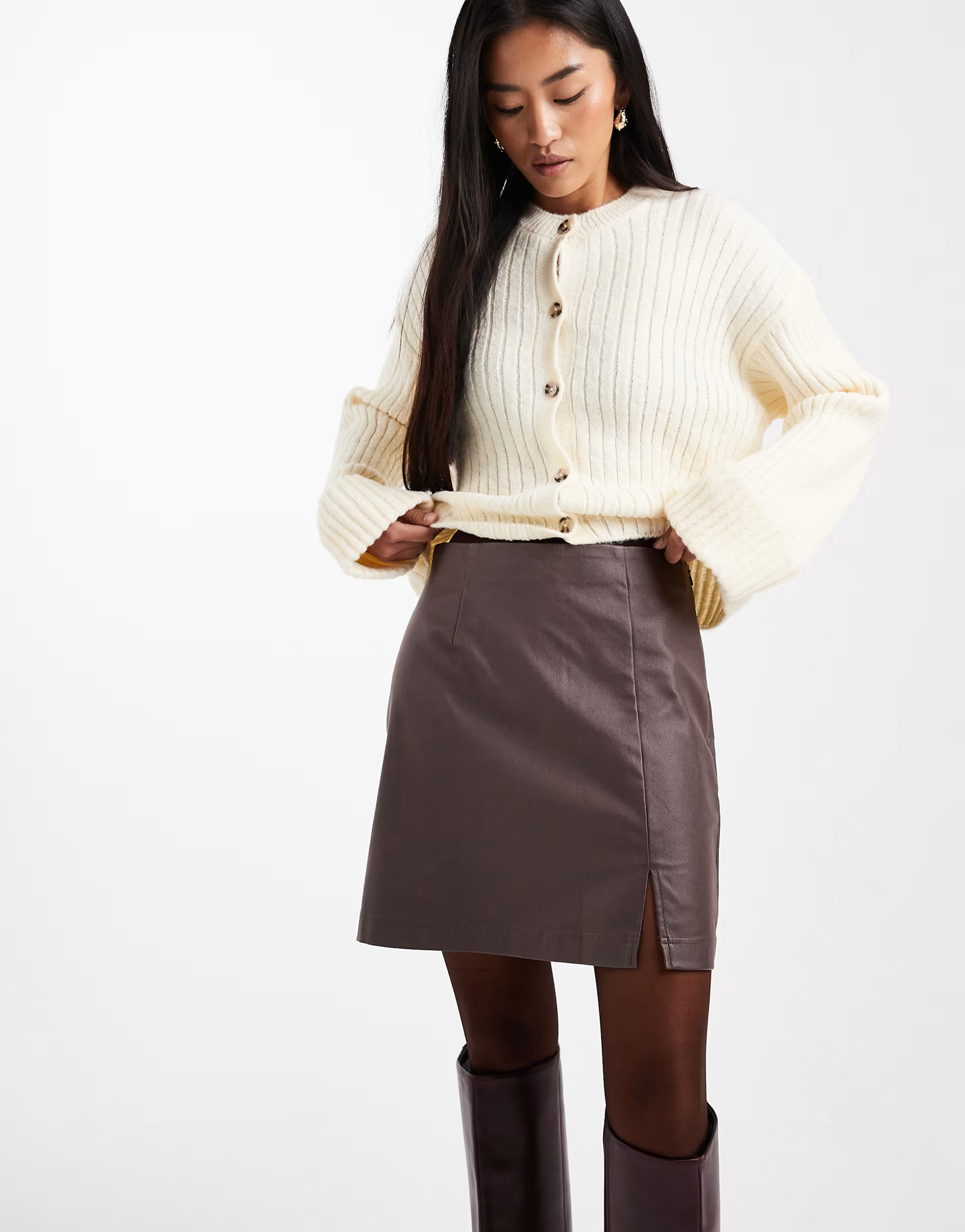 Object coated leather-look mini skirt in chocolate brown | ASOS (Global)