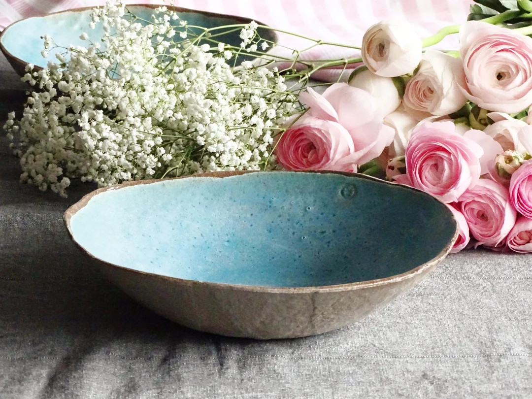 Large Blue Ceramic Serving Bowl, Turquoise Stoneware Bowl, Minimal Organic Pottery Salad Bowl, Ir... | Etsy (US)
