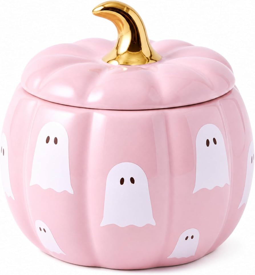 Potchen Ghost Pumpkin Shaped Candle 9 oz Ceramic Candle Jar     Pink Pumpkin Spice Gold Stem Lidd... | Amazon (US)